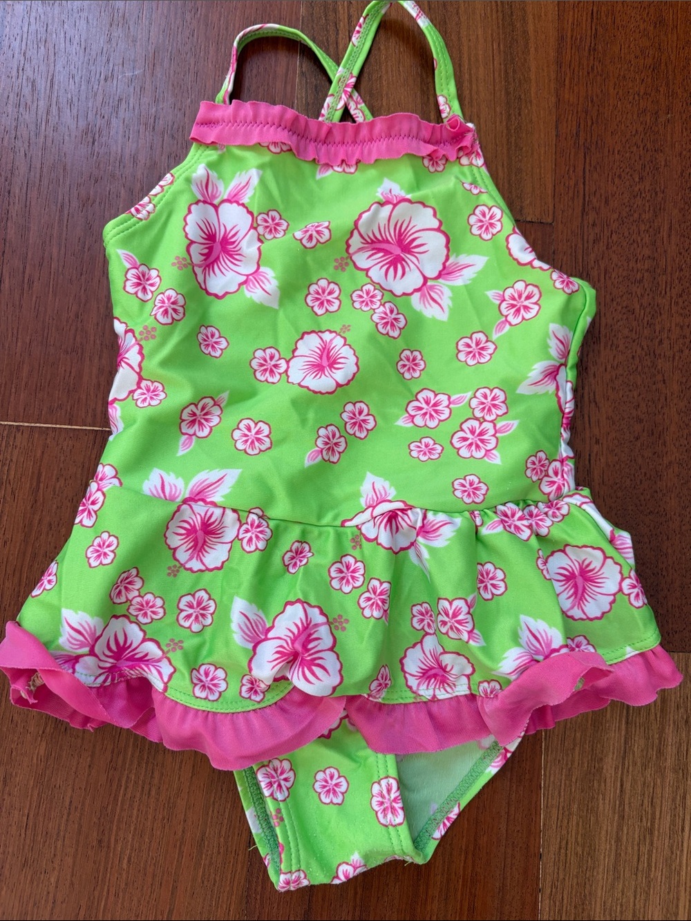 Girls Green & Pink Floral Ruffle Swimsuit